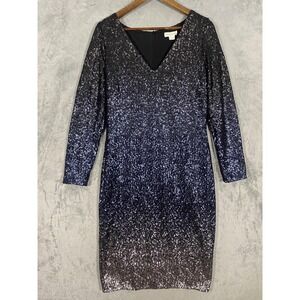 Monsoon Dress Sz 10 Black Tonal Sequin V Neck Long Sleeve Bodycon Midi Party
